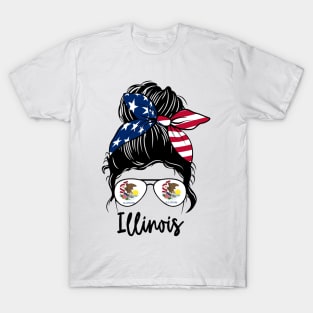 Illinois girl Messy bun , American Girl , Illinois Flag T-Shirt